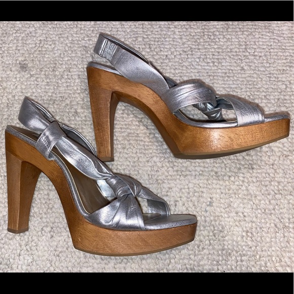 Steve Madden sz 10 Silver Metallic wood platform great party shoes - Picture 3 of 8